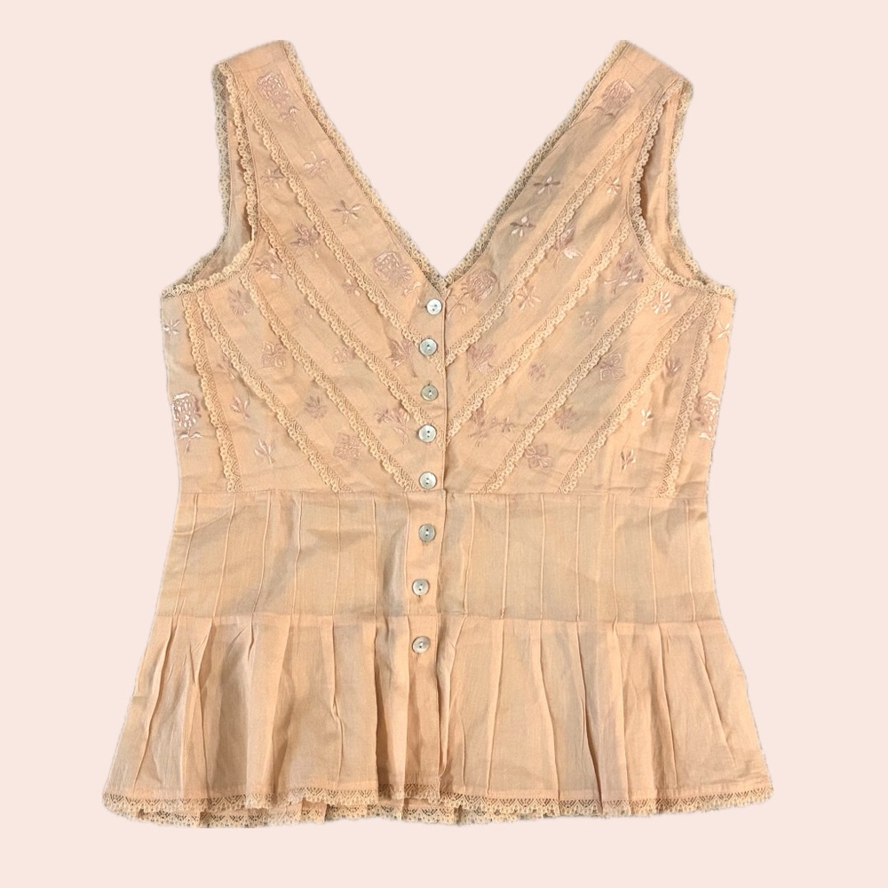 NWT Babydoll Button-Up Lace Sleeveless Blouse in Peach by Chaudry KC - S